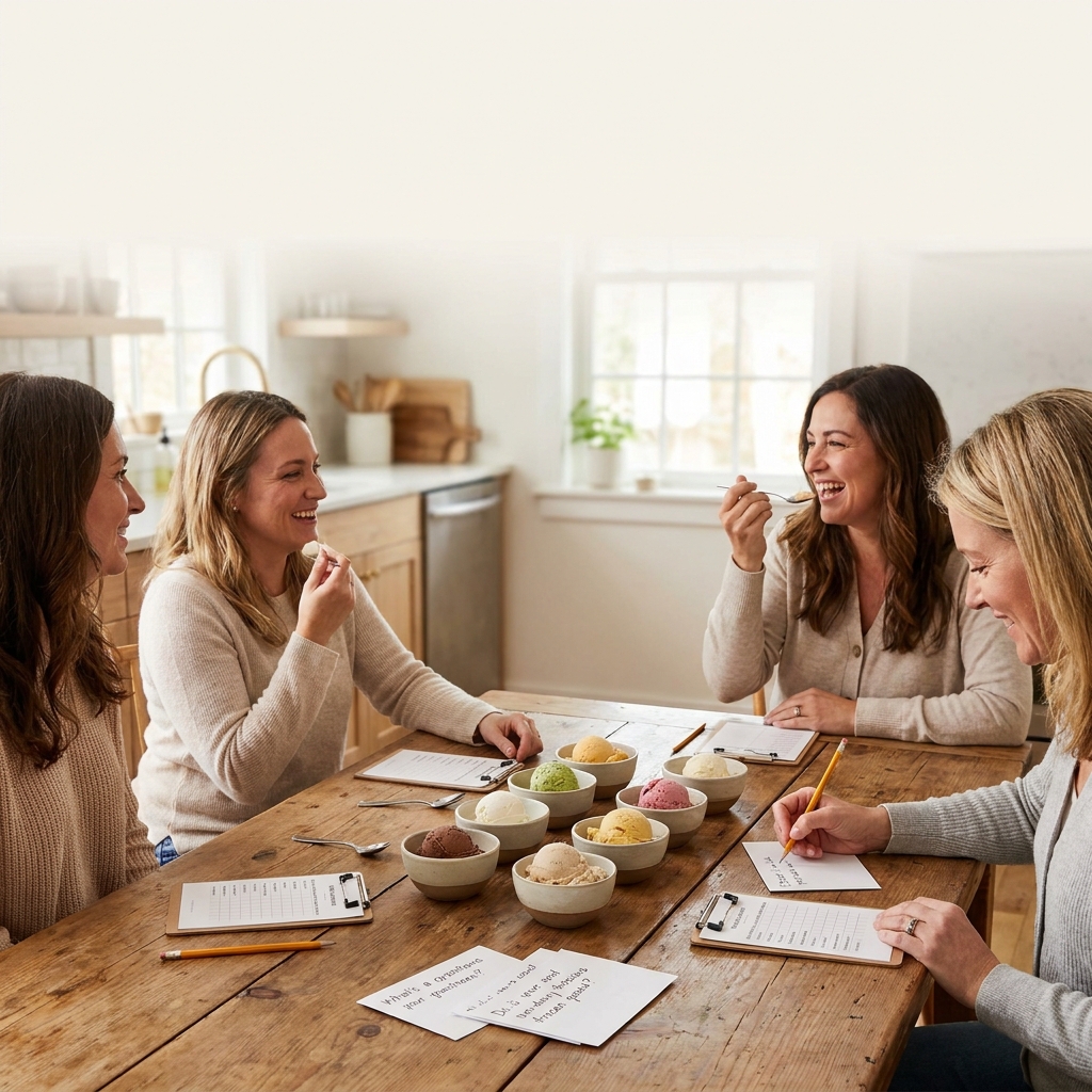 Friday night entertainment: an easy ‘ice cream taste test’ party (family-friendly, no alcohol) with scorecards and fun prompts